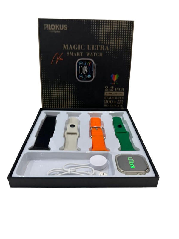 Blokus magic ultra smartwatch Elegant Design Support Bluetooth Calls Support Wireless Charging | come with 4 straps Touch Screen compatablewith IOS & android for men and women