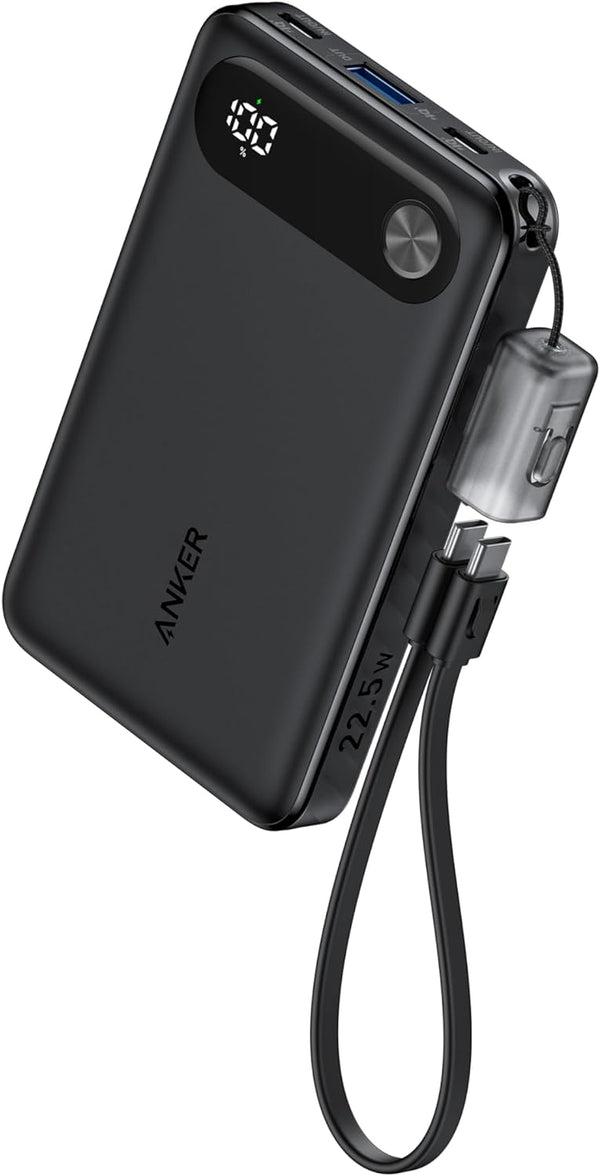 Anker Power Bank, 10,000mAh Portable Charger Black Built-in USB-C Cable and Lanyard, 22.5W Max Output with 2 USB-C and 1 USB-A Port, Battery Pack for iPhone /16/15/14, Galaxy S23,S24, iPad, AirPods, andMore