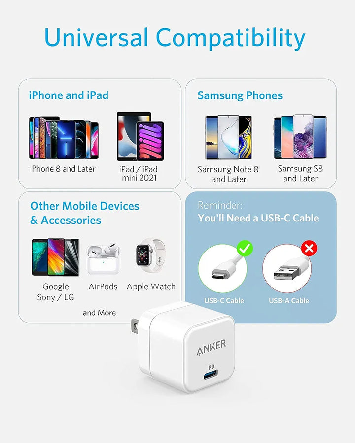 Anker USB C Charger, 20W Fast Charger with Foldable Plug, PowerPort III 20W Cube Charger for iPhone 14/14 Plus/14 Pro/14 Pro Max/13, Galaxy, Pixel 4/3, iPad/iPad Mini, Charging Cable is not included